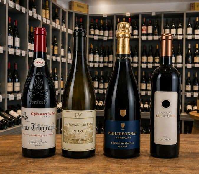 Quatre bouteilles de vin, dont du rouge, du blanc et du champagne, sont disposées sur une table en bois, avec en arrière-plan des étagères remplies de bouteilles de vin : une scène classique qui rappelle une foire aux vins traditionnelle.