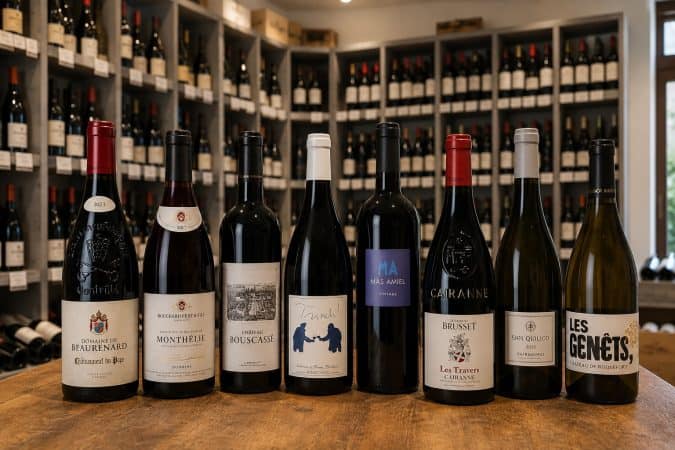 Huit bouteilles de vin de différents cépages sont alignées sur une table en bois devant des étagères remplies d'autres bouteilles dans un magasin de vins, créant ainsi le décor idéal pour une foire aux vins festive.